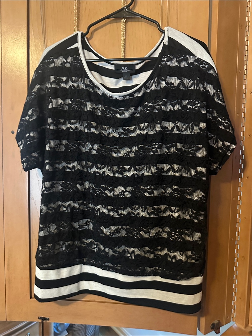 Black Lace Overlay Short Sleeve Top with Cream Stripes
